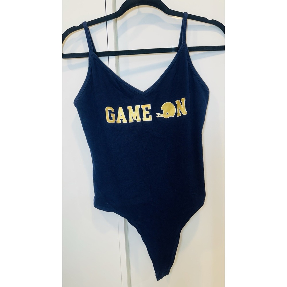 Victoria's Secret PINK "Game On" Navy Blue & Gold Cotton Bodysuit Sz Large
